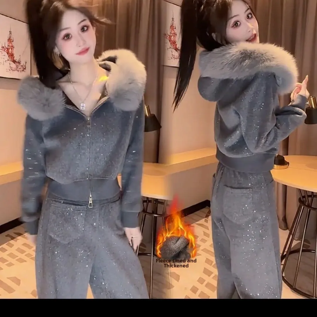 

Fashionable Winter Outfit Women's Set with Fur Collar Sweatshirt And Wide Leg Pants Two Piece Trendy Warmth Guaranteed