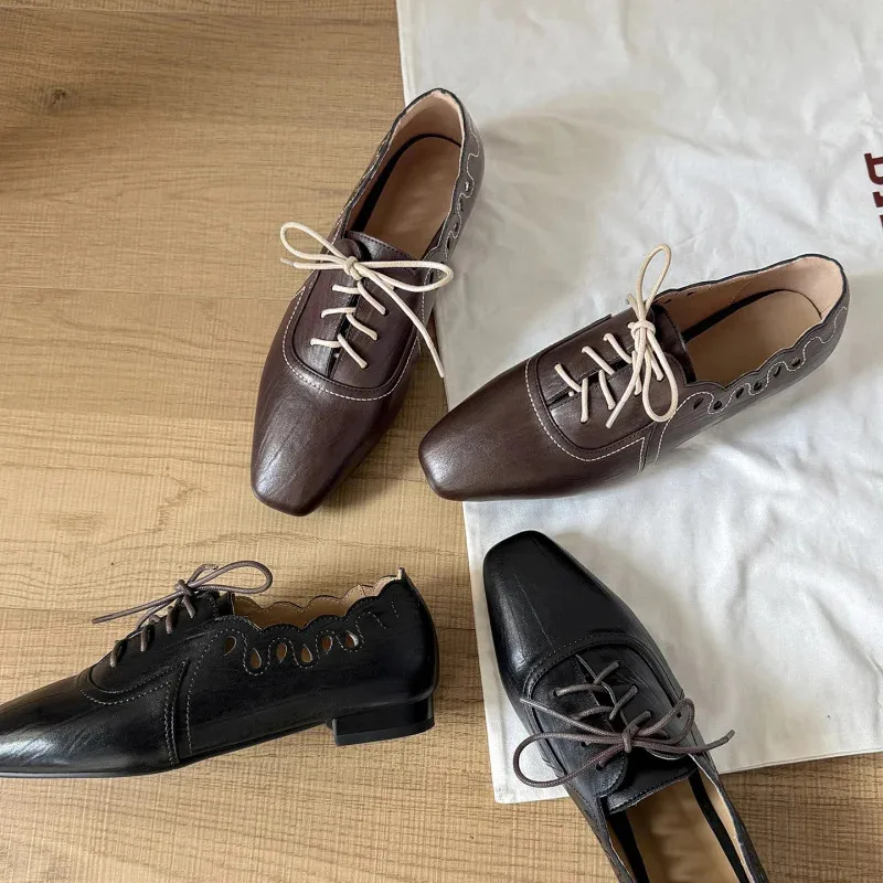 

Women’s Genuine Leather Black Shoes Comfortable Elegant Luxury Designer High Quality Vintage Flat Oxfords Shoes Square Toe Woman