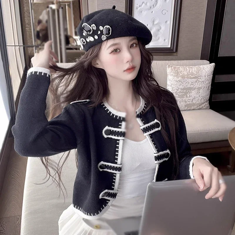 O Neck Contrast Colors Double Breasted Women's Cardigan Sweater Autumn Winter Fashionable Temperament