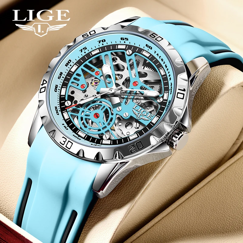 LIGE Fashion Business Mechanical Man Watch Casual Sport Waterproof Silicone Skeleton Tourbillon Luminous Clock Automatic Watches