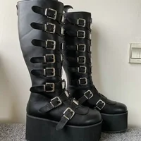 Women Boots Cosplay Ladies High Heel Platform Wedges Women High Boots Gothic Buckle Strap Long Tube Leather Female Boots Plus Si 6