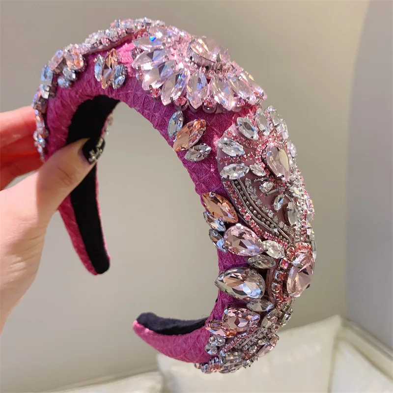 Crystal Padded Headband for Women Handmade Pink Beaded Headband Boho Small Flower Embellished Hair Band Black Hair Hoop