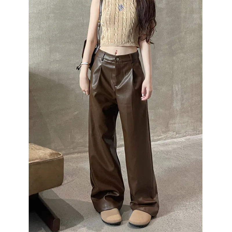 Autumn Winter Korean Vintage High Waist Straight Leather Pants Women Solid Pockets Fashion PU Oversized Casual Wide Leg Trousers