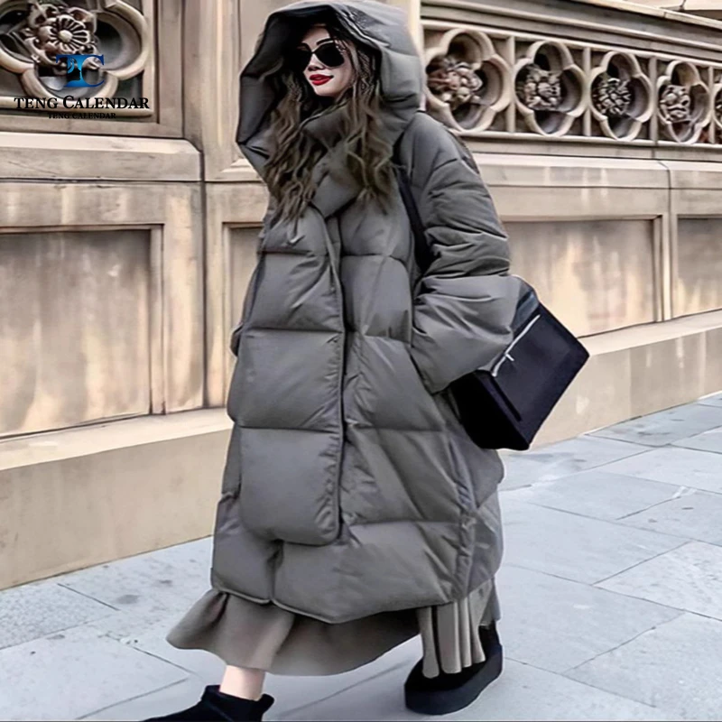 

Длинная пуховая хлопковая куртка, большой шарф-одеяло, плотное пальто выше колена, женский новый зимний стиль 2025 года