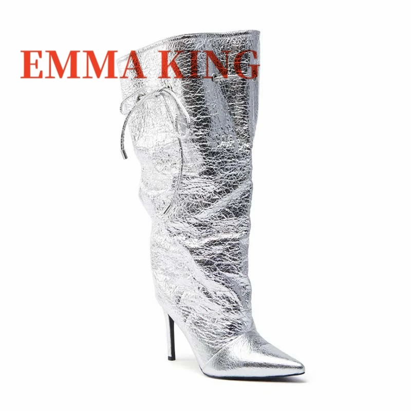 2025 الخريف/الشتاء أحذية عالية الكعب المرأة أنيقة أشار تو الدانتيل يصل واسعة العجل الأحذية موضة خنجر أحذية عالية الكعب #5