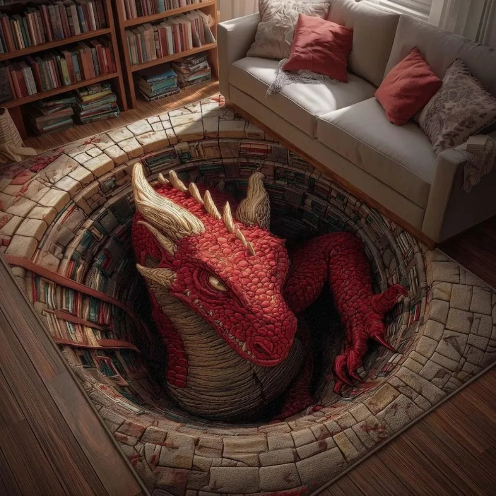 

2D Visual Dragon Rug Fantasy Dragon Hole Illusion Floor Mat for Living Room Bedroom Anti-Slip Carpet Gothic Dragon Themed Rug