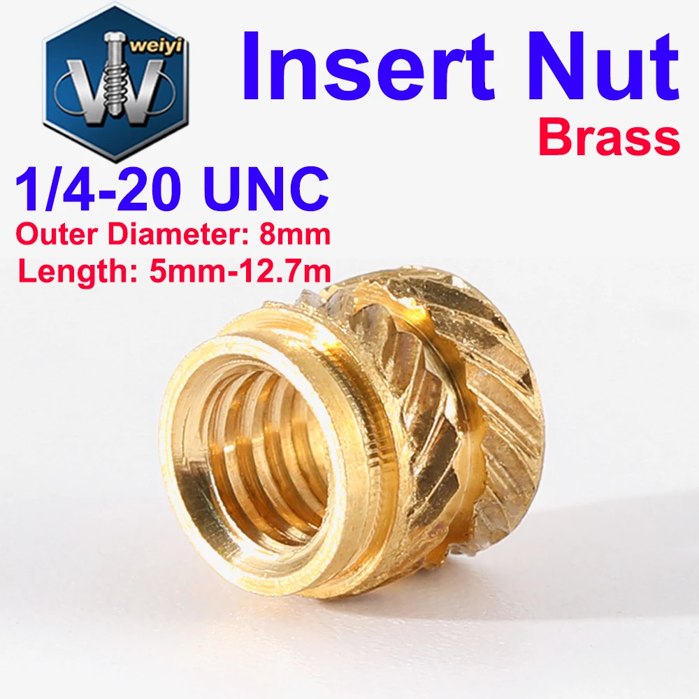 

Weiyi Brass Insert Nuts 1/4-20 UNC Hot Melt Knurled Thread Heat Injection Molding Embedment Copper Nuts For 3D Printer
