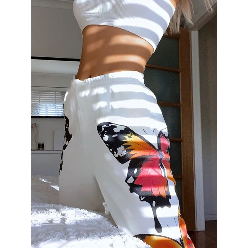 Krisnanas Hip Hop Style Butterfly Printed Pants for Woman 2025 Autumn Winter Loose Commuting Elastic Waist Trousers  58924