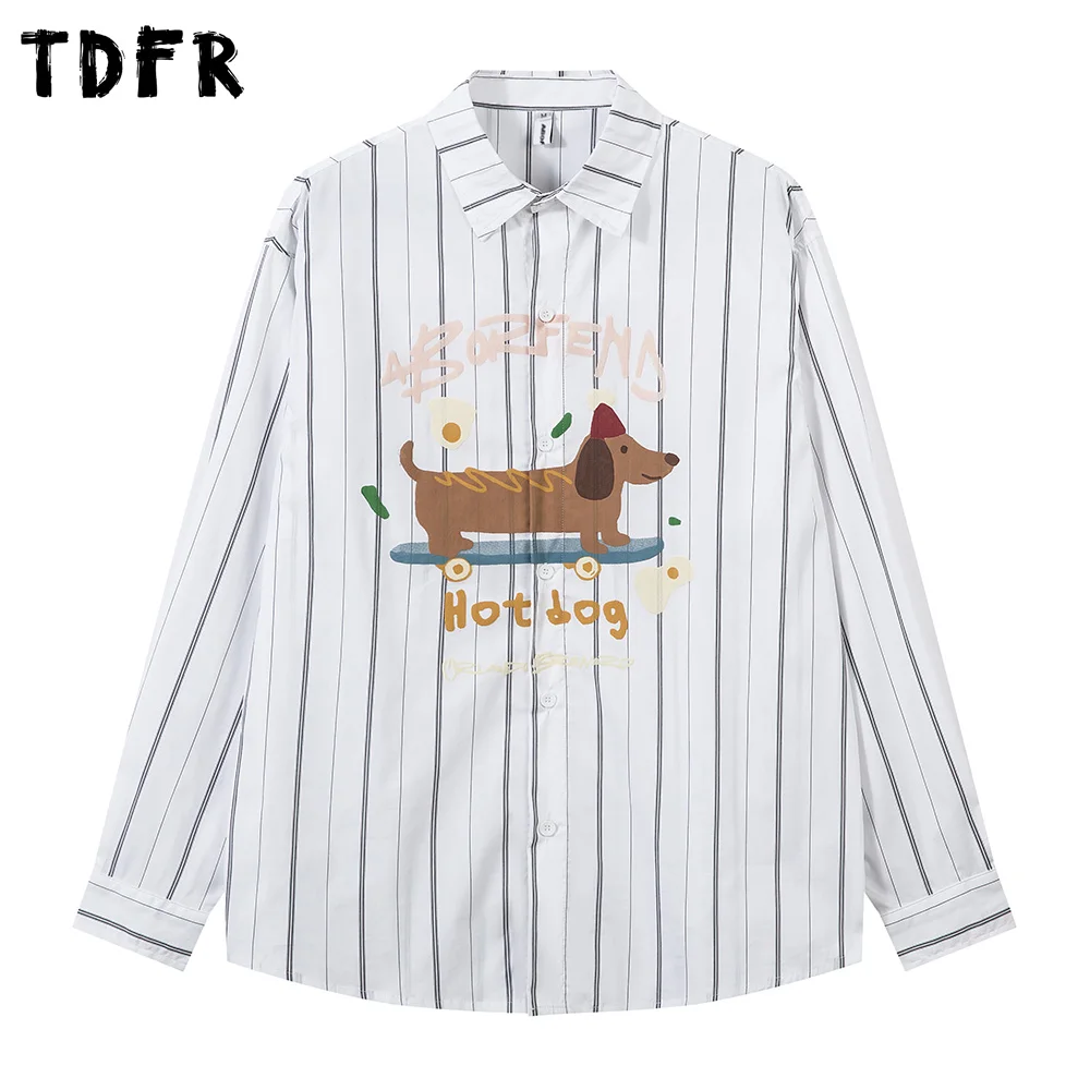 

Dog Print Striped Shirts Mens Spring Retro Streetwear Casual Loose Lapel Single Breasted Long Sleeve Shirts Men