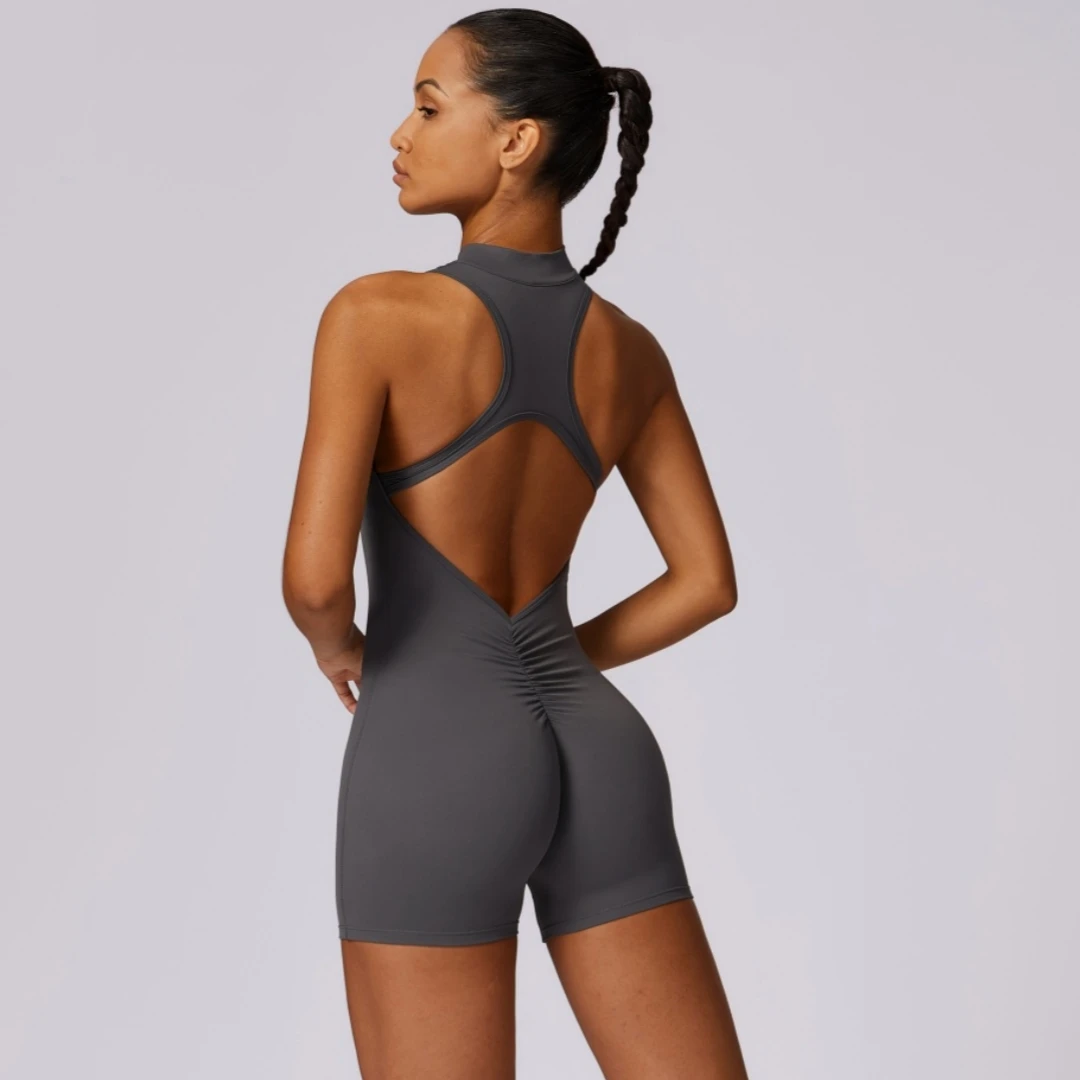 

Solid Scrunch Back Waist Tight Yoga Jumpsuit Short Set Women Zipper Playsuit Gym Sportswear Fitness One Piece Sport Suit Workout