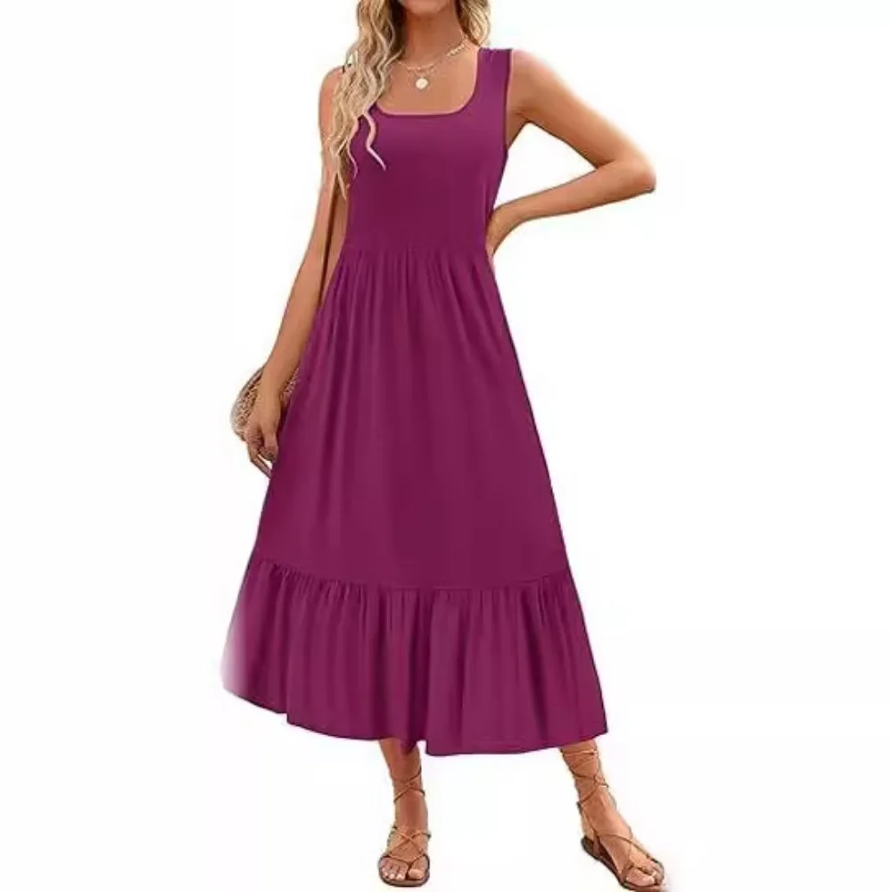 

Summer Square Collar Pleated Dresses Women Sexy Sleeveless A-Line Maxi Long Dress Party Elegant Female Casual Solid Color Dress