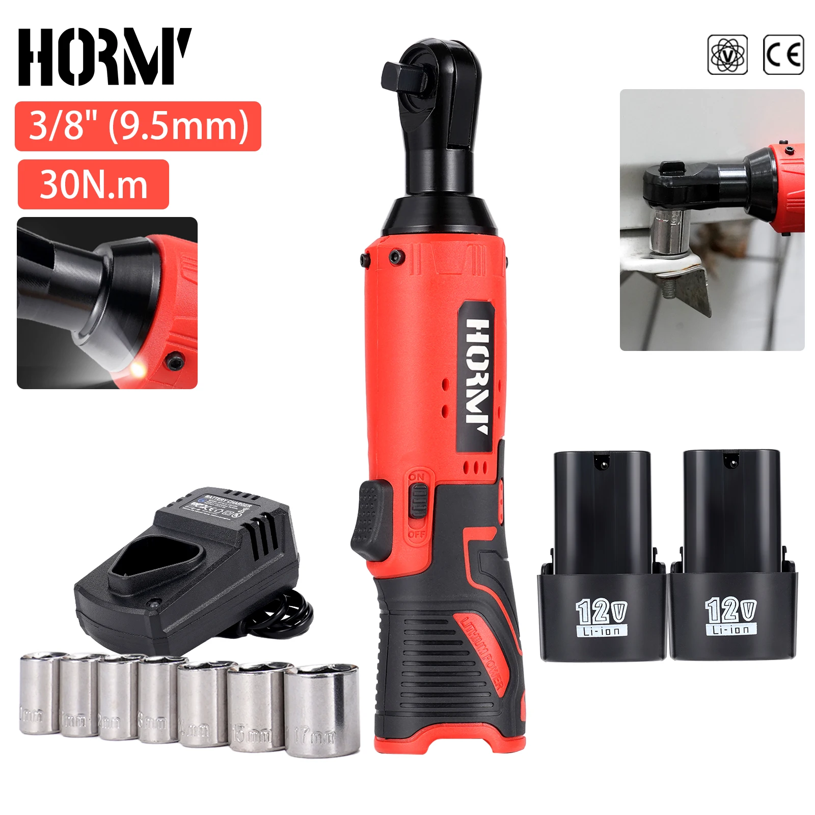 

Hormy 12V Cordless Right-Angle Electric Wrench 30N.m 3/8 Inch Ratchet Wrench for Nut Removal Car Maintenance with 7 Sockets