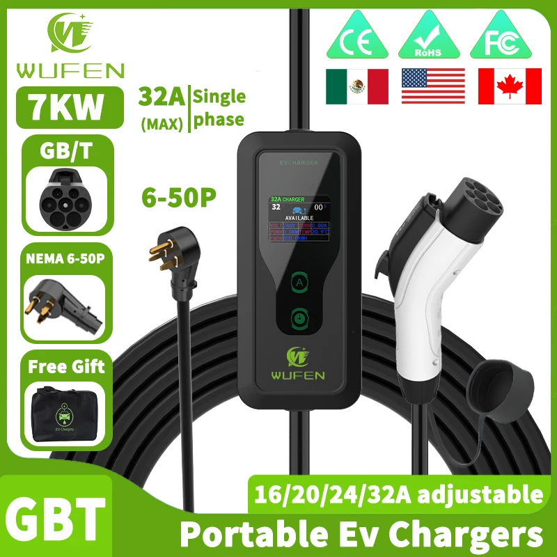 

Портативное зарядное устройство для электромобилей WUFEN Mexico GBT 32A 7KW BYD Эксклюзивное автомобильное быстрое зарядное устройство 240 В Чехол для зарядки для электромобилей GB/T 20234-2023