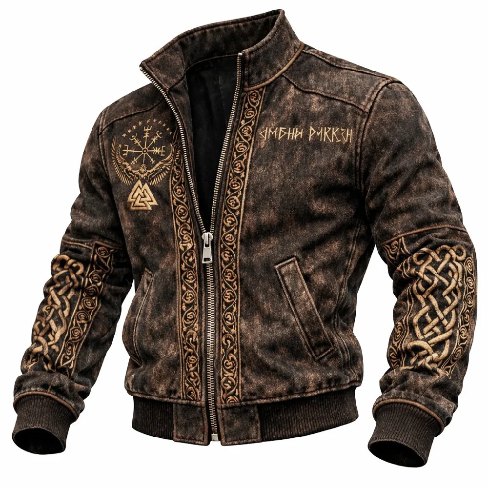 Chaqueta Bomber de Mezclilla con Estampado de Calavera Vikinga y Nudo Celta de Mitología Nórdica, Chaqueta Casual Vintage Lavada con Cuello Alto para Hombre