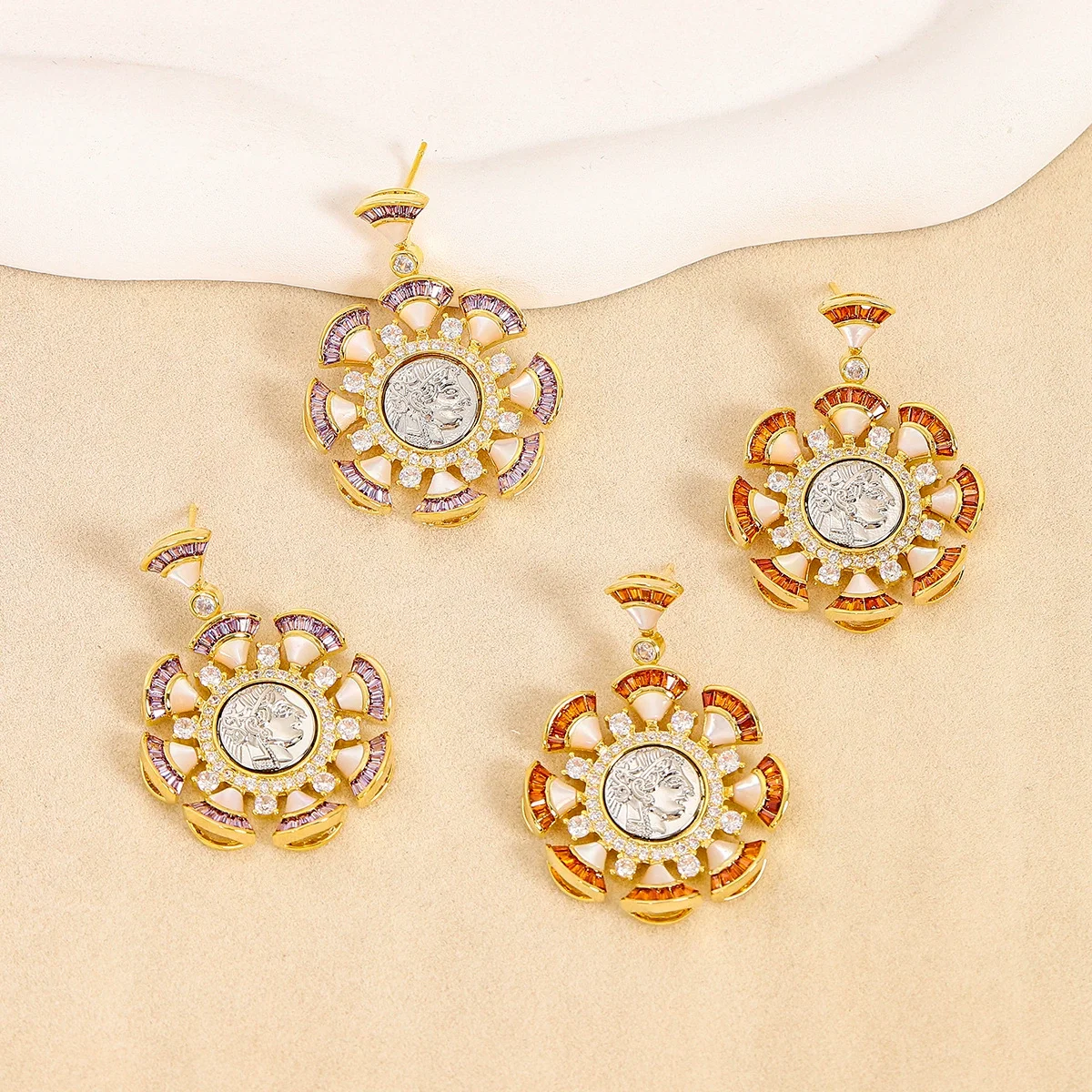

Gold Tone Vintage Coin Sunflower Drop Earrings with Colored Rhinestone & Enamel Accents for Women Party