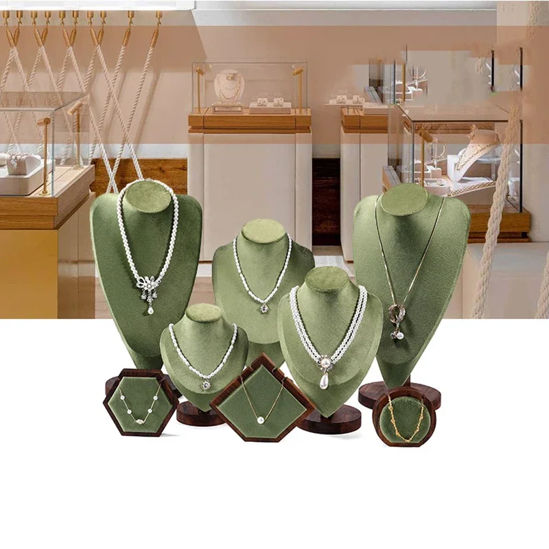 

Walnut wood green velvet jewelry display stand stud earrings necklace pendants bracelet storage display stand