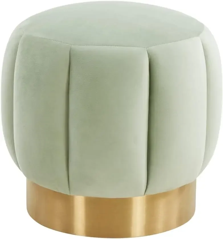 Couture Home Maxine Mint Green Velvet Channel Tufted Living Room Bedroom Vanity Foot Stool Round Ottoman (Fully Assembled)