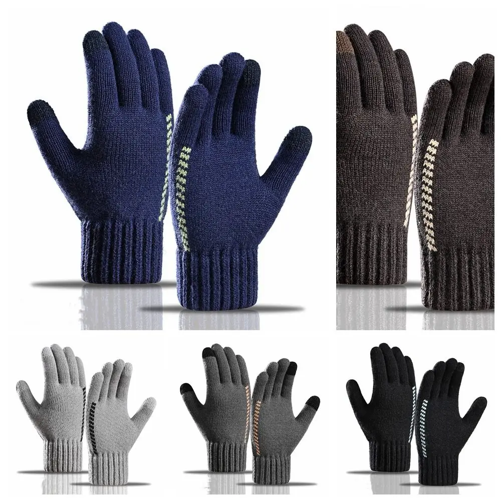 Winter Touchscreen Men Knitted Gloves Thickened Nonslip Knitted Woolen Gloves Mittens Solid Color Full Finger Gloves Male