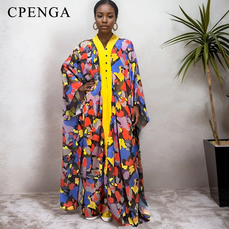 African Print Dress for Women Chiffon Printed Loose Bat Sleeve Robe Large Loose Cover Robe and Pants Set 2023 New Africa Clothes