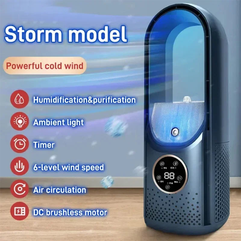 Portable USB Air Cooler Leafless Electric Fan 6 Speed Silent Timer Air Conditioner Cooling Fan Humidifier Conditioning Fan