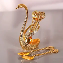 7pcs Spoon Set Zinc Alloy Coffee Spoon with Swan Shaped Holder Creative Luxury Dessert Utensils For Tea Ice Cream Stirring Tools