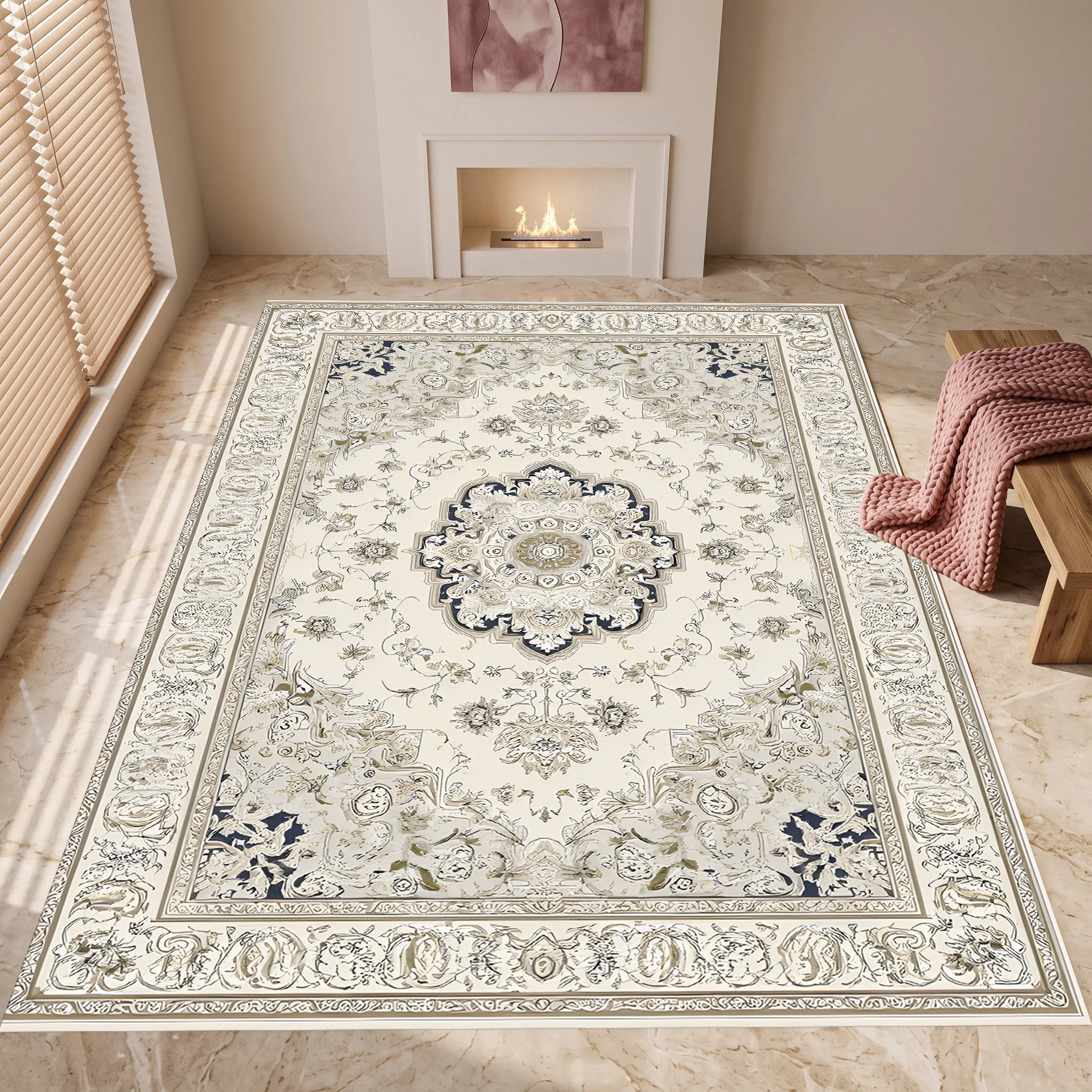 Off White European Retro Floral Velvet Area Rug, French Retro for Living Room Bedroom, Autumn Winter Christmas