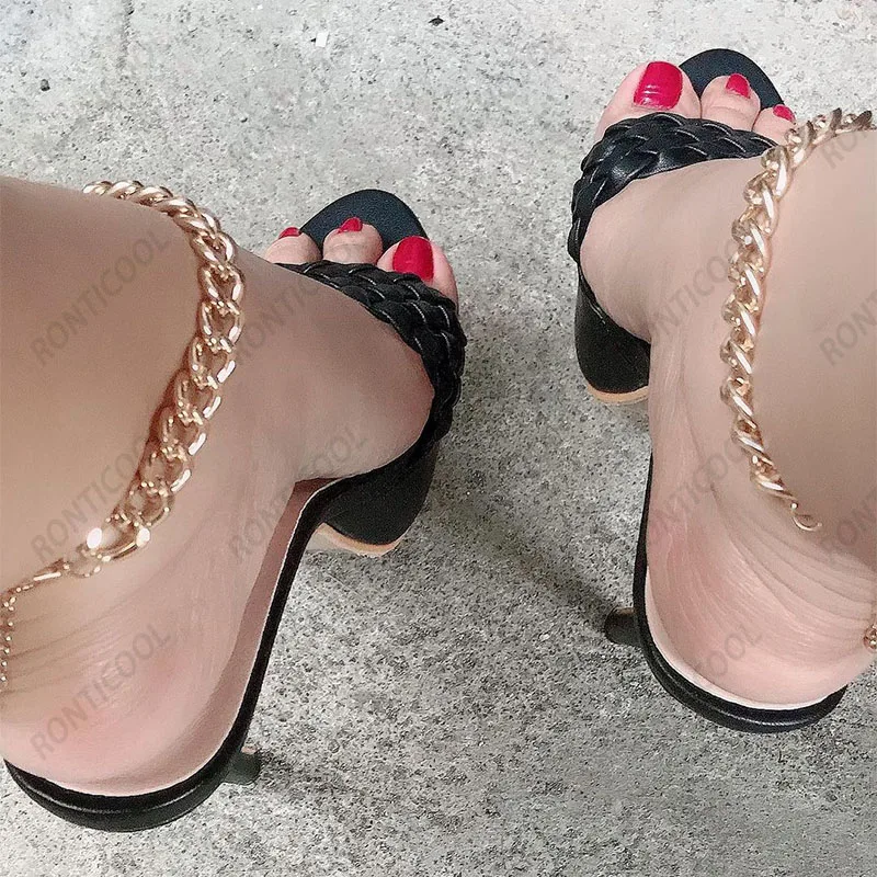 Ronticool New Arrival Women Platform Mules Sandals Sexy Ultra Thin High Heels Open Toe Black Casual Shoes US Size 5-20