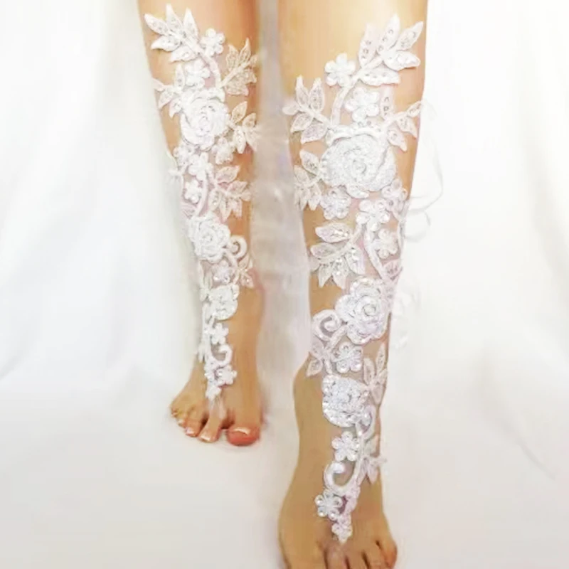 Long Wedding Anklets Lace Decor Barefoot Chain Accessories Lady Bridal Beach Foot Jewelry Chain Embroidery Floral Flower