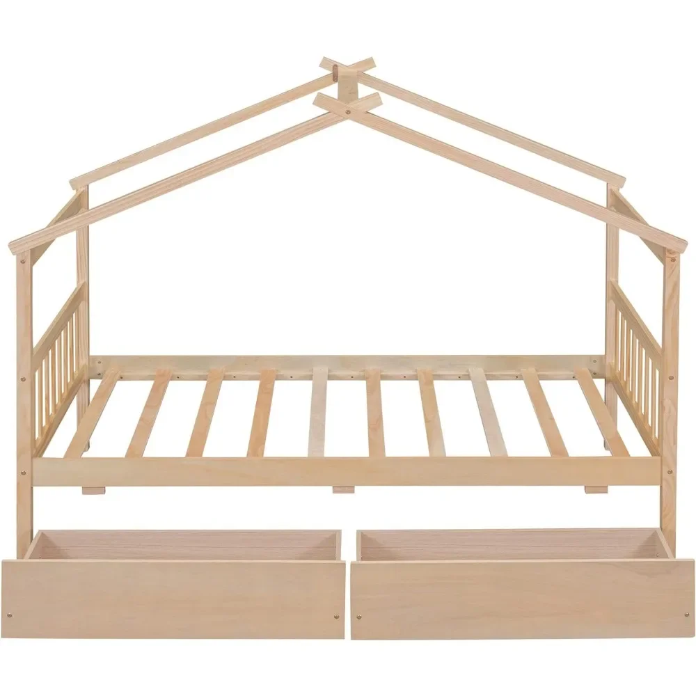 

Twin Size Wooden House Bed with Two Drawers, Wood Bed Frame with Roof for Kids, Teens, Boys or Girls, Natural bedroom furniture