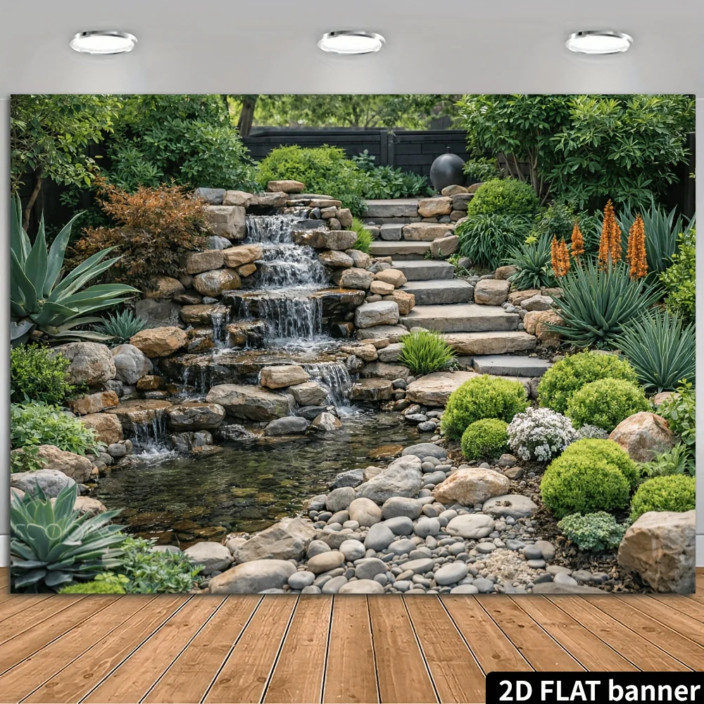 2D-flache Steinstufen im Innenhof, kaskadenförmige Wasserfälle und Wasserfall-Hintergrundstoff – Landschaftsthema
