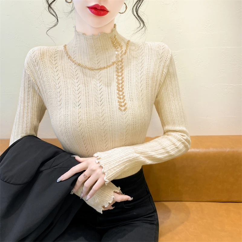 

Heavy Embellied Long Sve Knitted Sweater Women's Autumn Winter New Sle Hollow out High Collar Slim Fit Base irt Top