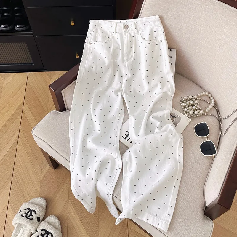 

2024 Spring Summer New Korea Fashion Women Cotton Denim Wide Leg Pants All-matched Casual Loose Dot Print White Jeans P661