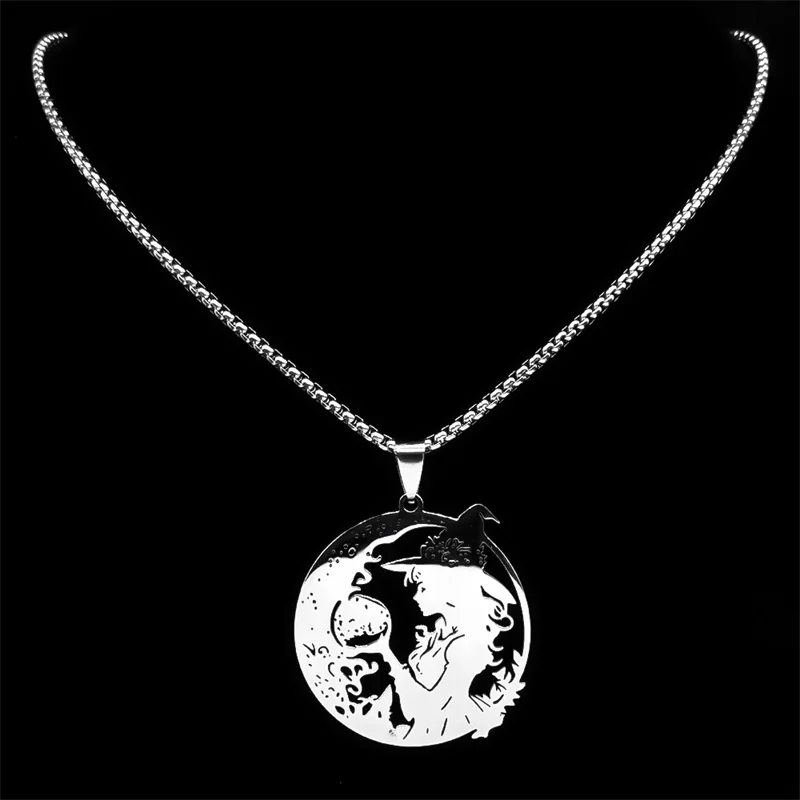 Witch Ball Moon Spell Pendant Necklace for Women/Men Silver Color Stainless Steel Wicca Pagan Chain Jewelry colier NZZZ526S02 - Detail 1
