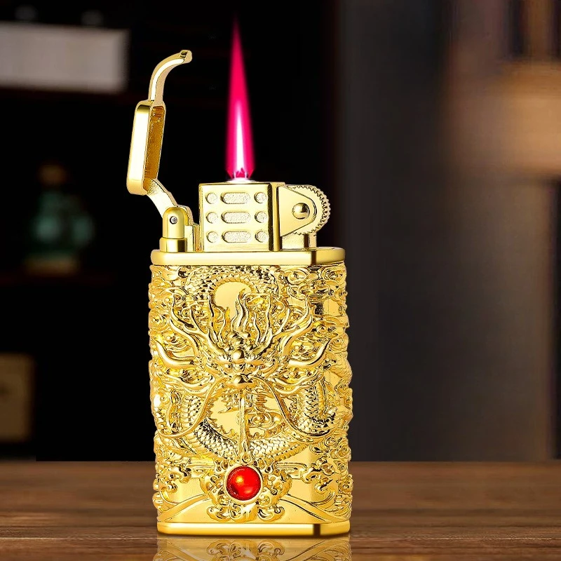 

Creative Dragon Embossed Metal Cigar Lighter Grinding Wheel Ignition Gas Lighters Windproof Double Flame Turbo Jet Torch Lighter