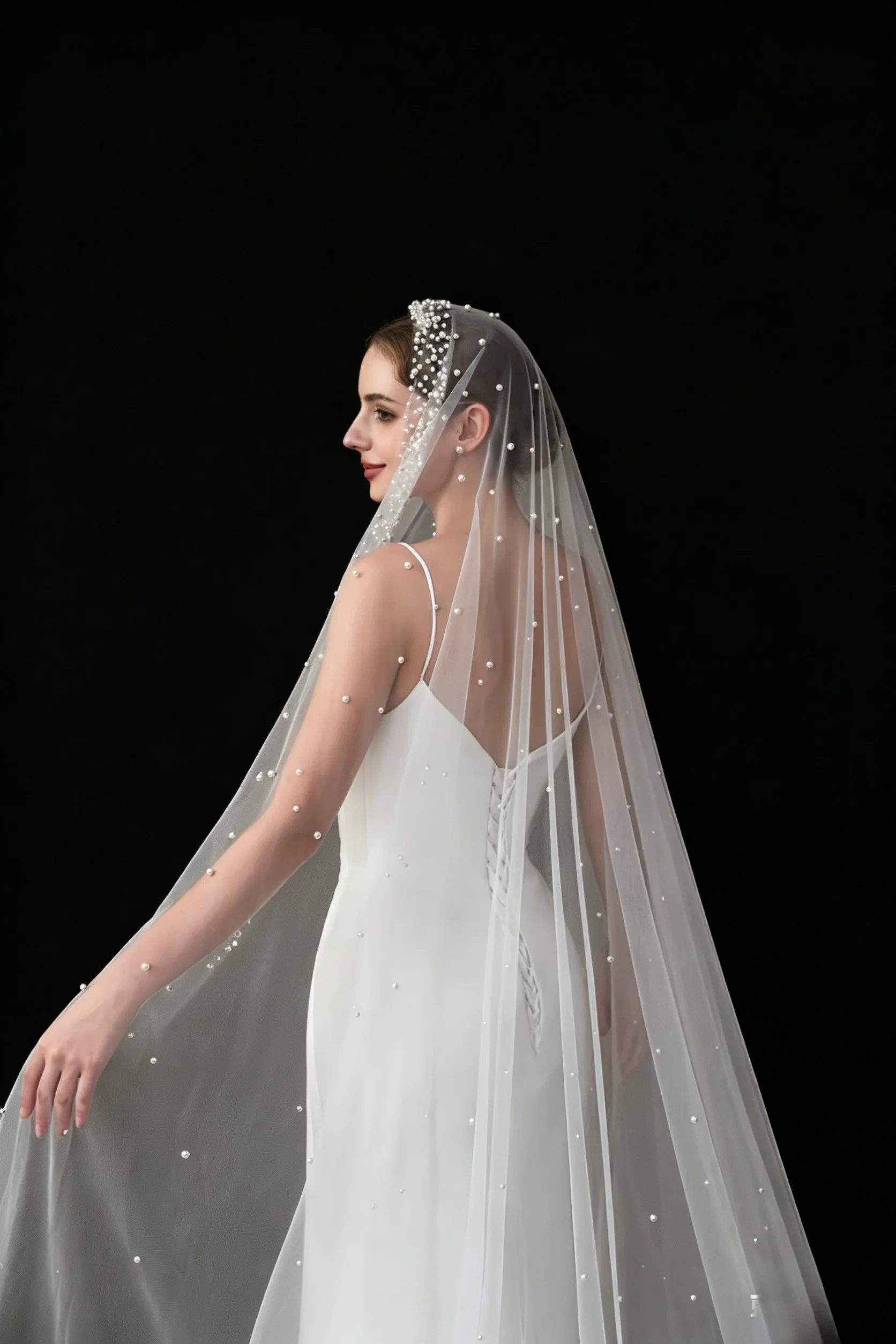 3M Cathedral Wedding Veil Long Train Pearl Edge Scattered Pearls Ivory Tulle with Comb Bridal Veil G58