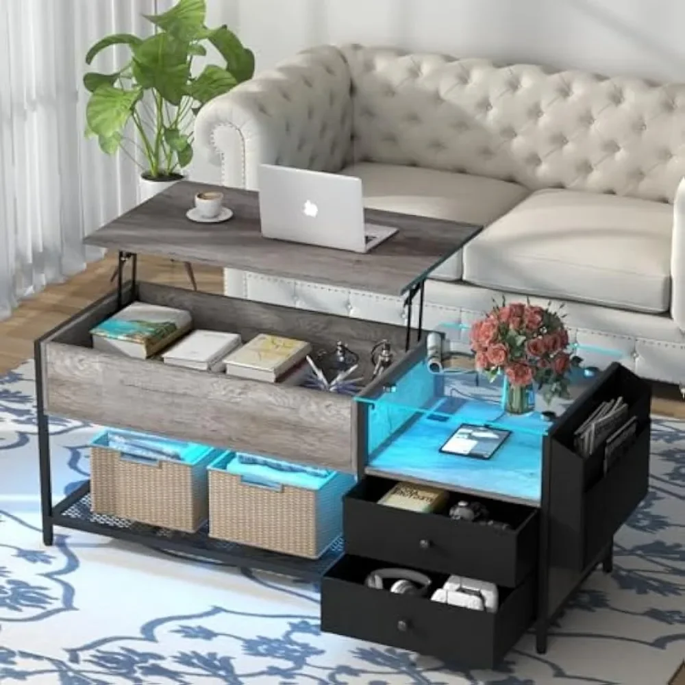 Lift Top Coffee Table with LED Light & Power Outlet, Retro Coffee Tables with Storage Drawers Hidden Compartment, Centre Table