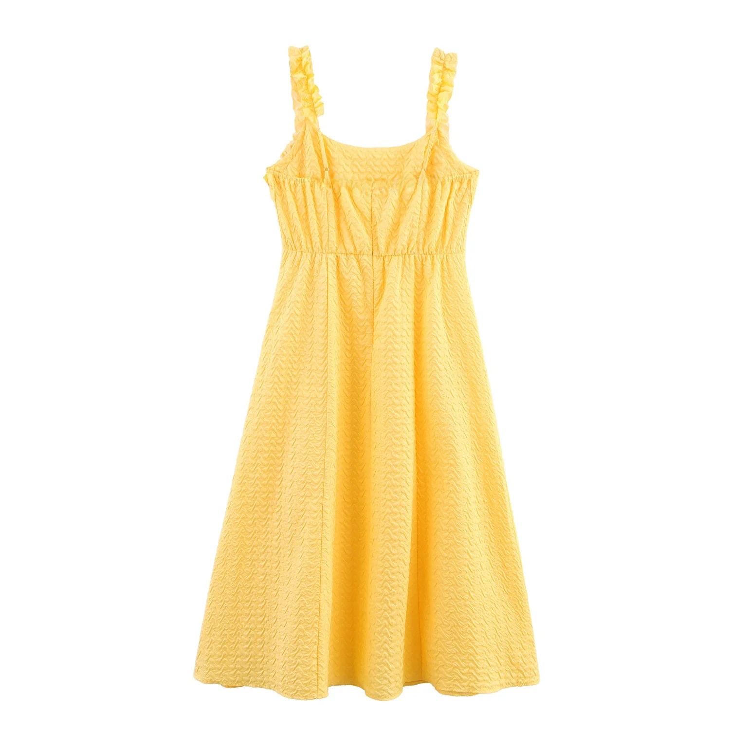 ZBZA 春の新レディースファッションデザイン木製エッジ耳装飾エンボスストラップドレスエレガントなハイウエストノースリーブミディドレス