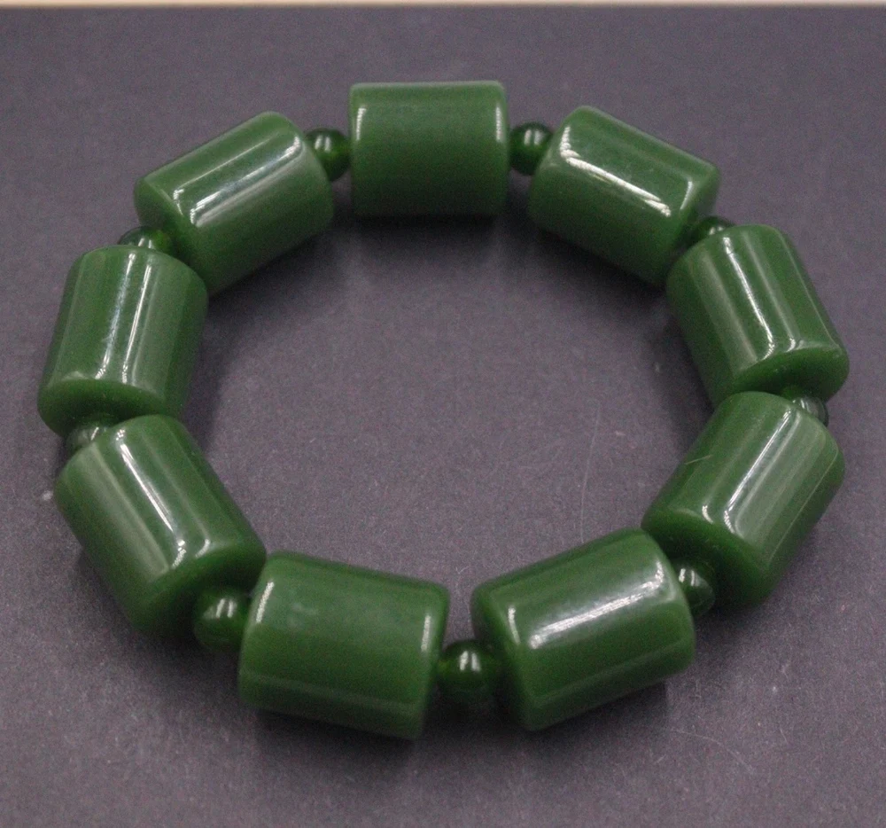 

Natural Jade Men Women Gift Lucky Dark Green Smooth Column Link Beaded Bracelet