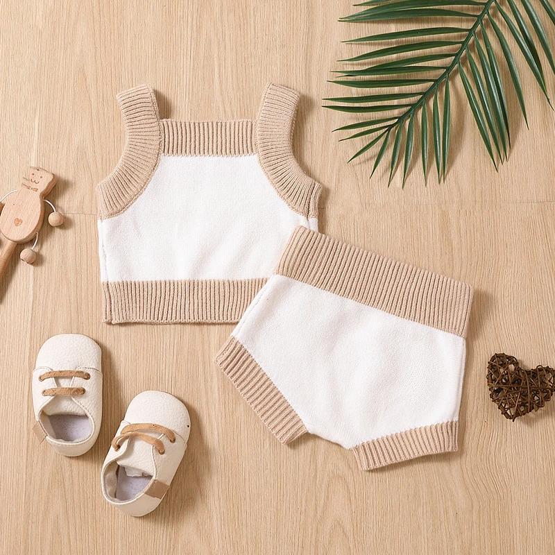 Infant Baby Girls Clothes Suits Contrast Color Sleeveless Knitted Sling Tank Tops Elastic Waist Shorts 2Pcs Set