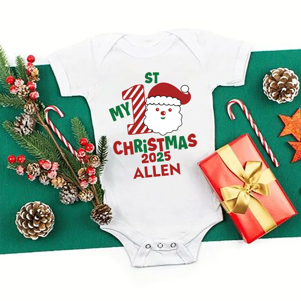 Personalized Baby 1st Christmas Outfit Snowman Print Newborn Bodysuit Infant Short Sleeve Xmas Party Jumpsuit Baby Shower Gift