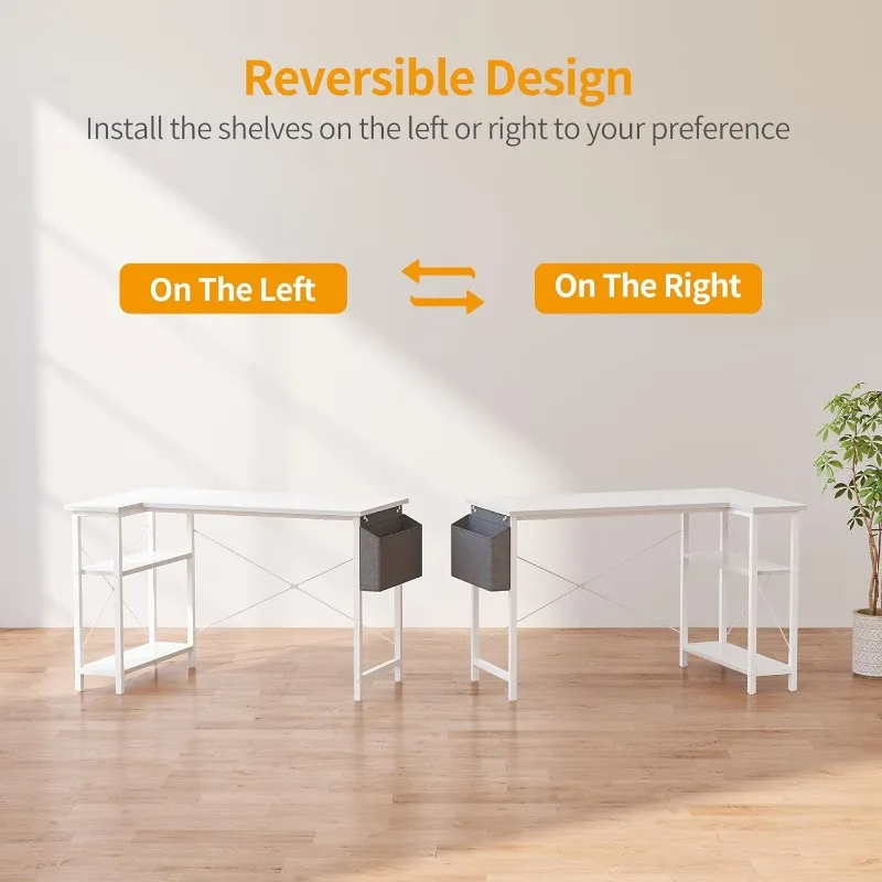 Small L Shaped Computer Desk with Storage Shelves, Home Office Small Corner Desk Study Writing Table, White