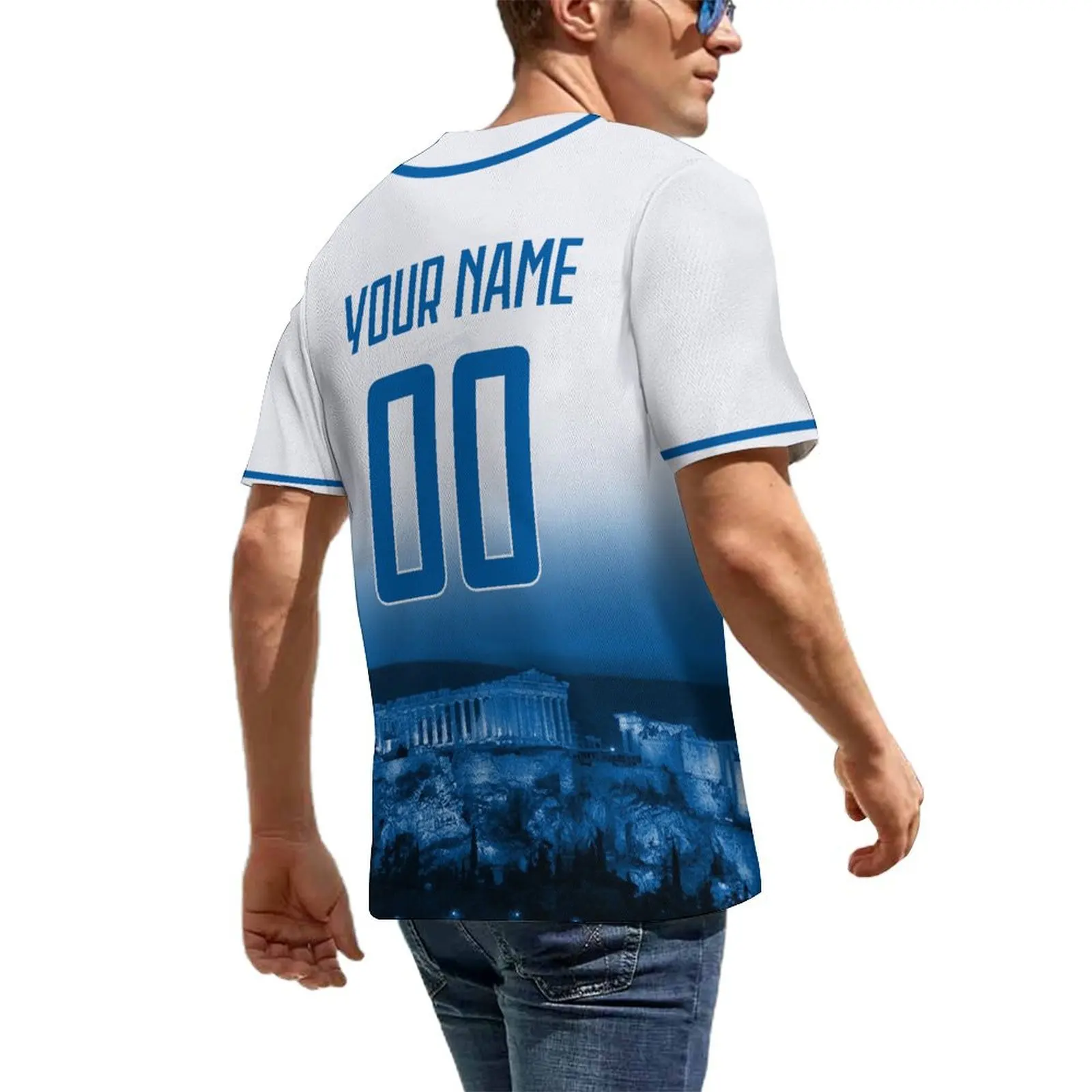 Custom Greece Baseball Jersey with City Skyline Personalized Name Number Baseball Shirt for Men Women Youth Kids