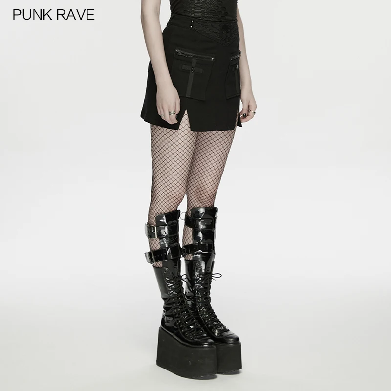 PUNK RAVE Women's Punk Skull Embroidered Wings Mini Skirt Large Pockets on Both Sides Metal Zippers Hem Slit Woven Short Skirts
