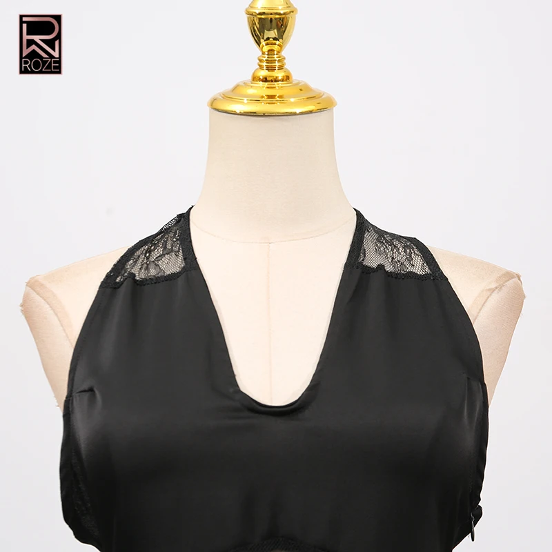 Solid Spliced Lace Slimming Sheer Hollow Out Dresses for Women Halter Sleeveless High Waist Temperament Long Dress Female