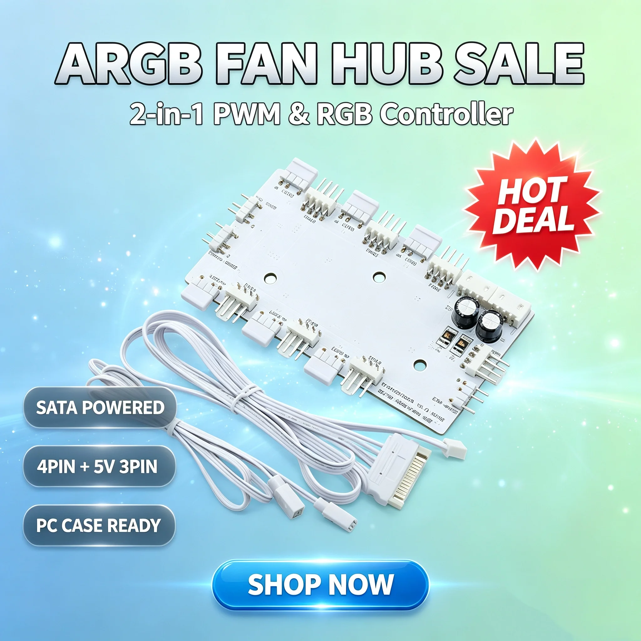 2-in-1 PWM&ARGB Fan Hub SATA Powered Splitter 4Pin Fan 5V 3Pin Addressable RGB Extension Board For Custom Gaming PC Case Cooling