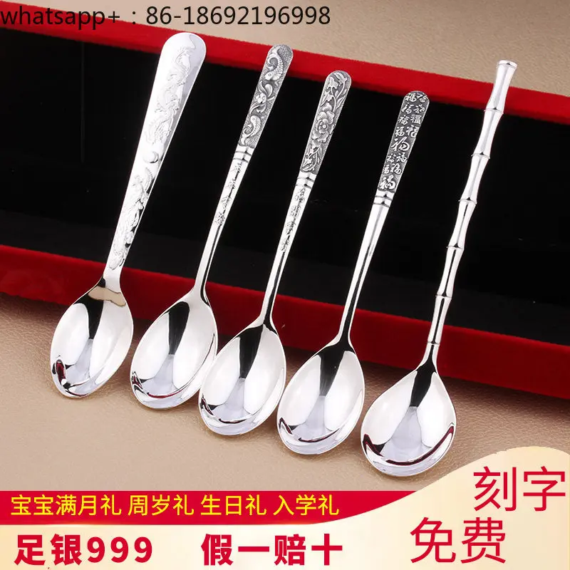 Baby Silver Spoon 999 Sterling Silver Household Creative Cute Children Baby Children Eating Long Handle Soup Spoon Spoon