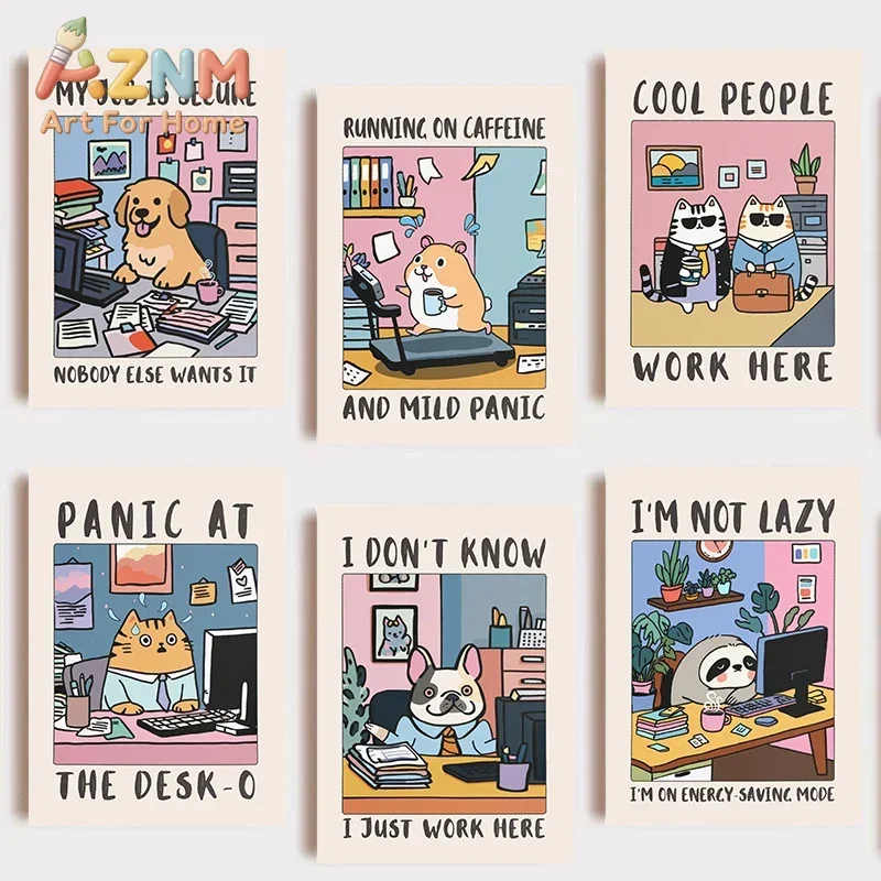 AZNM Funny Office Animal Canvas Painting Frameless Wall Art Cartoon Cat Dog Sloth Work Quote Print Home Office Desk Decor Poster
