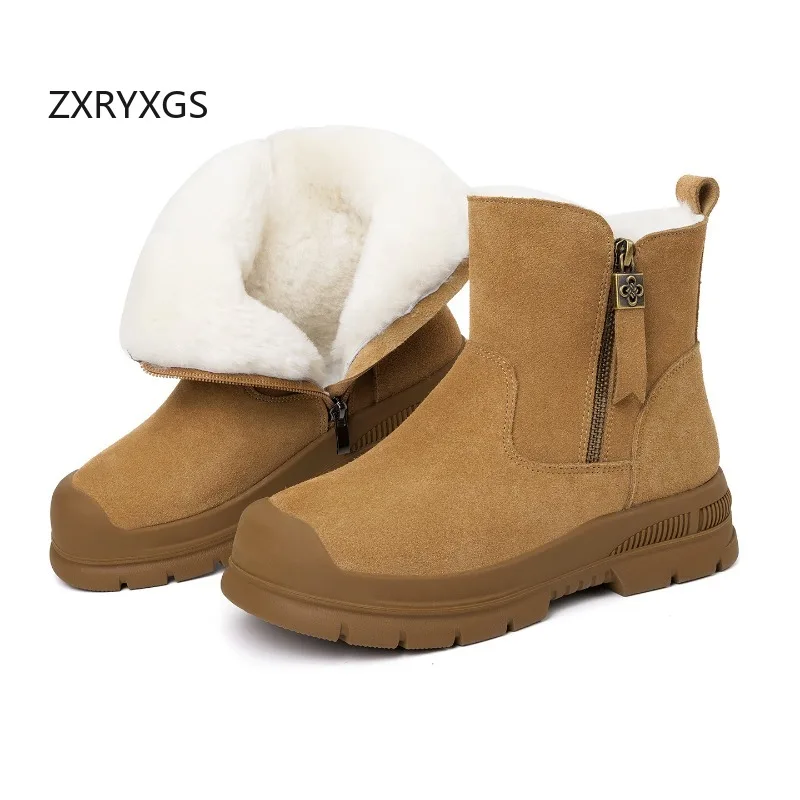 

ZXRYXGS 2025 зимние матовые сапоги из воловьей кожи с плюшем/шерсти, удобные теплые зимние ботинки, нескользящие женские хлопковые сапоги на толстой подошве