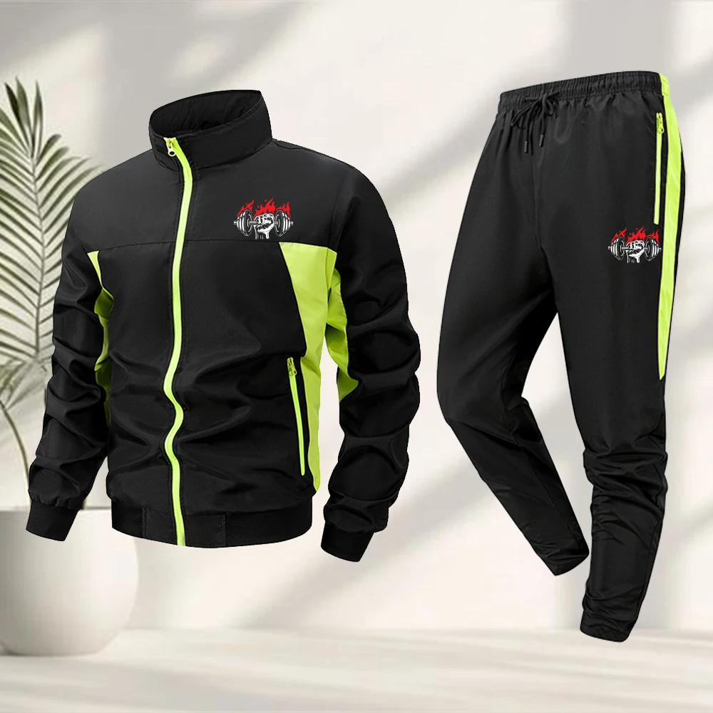 Men's Flame Dumbbell Print Sports Suit Set Stand Collar Jacket And Sweatpant Two Piece Set For Casual Outdoor Fitness And Hiking
