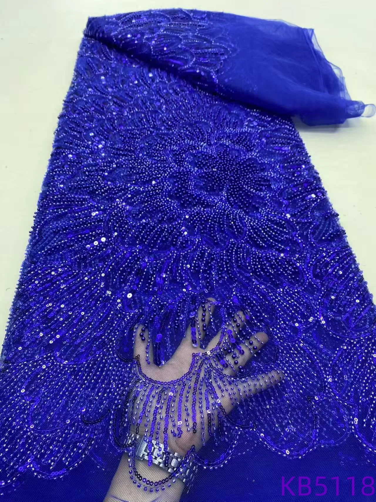 Lantejoulas tule renda malha francesa tecido de renda africana 5 metros alta qualidade 2025 azul real tecido renda frisada para costura kb5121